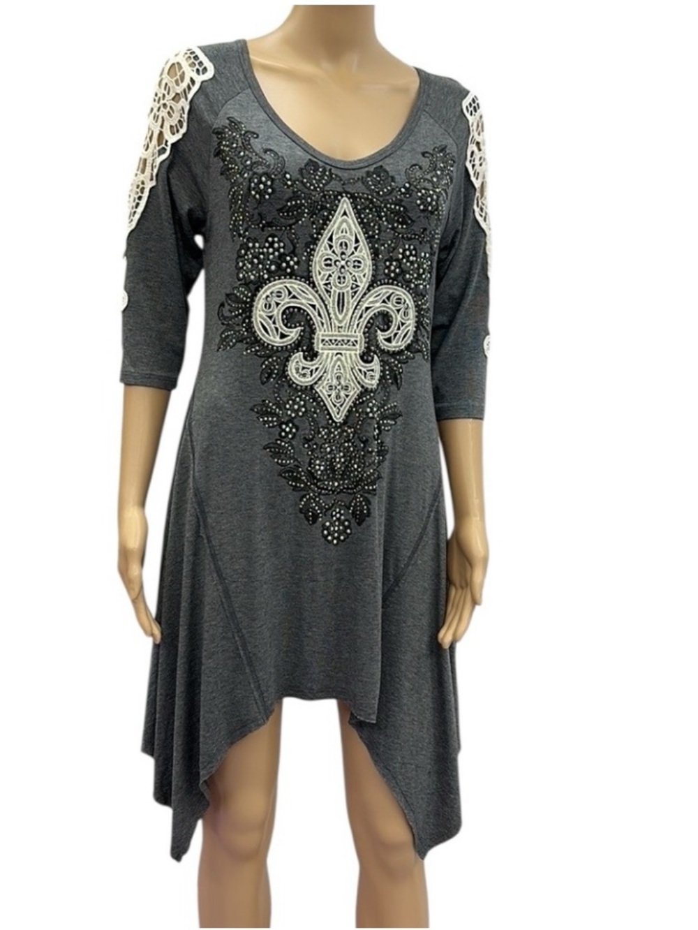 Vocal Charcoal Gray Asymmetrical Handkerchief Hem Dress with Lace Shoulders